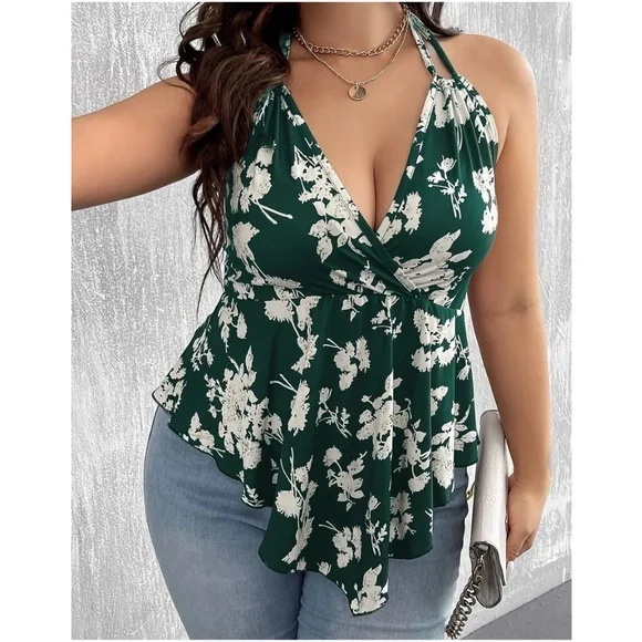 Plus Floral Print Ruffle Hem Halter Tank top - Picture 2 of 8